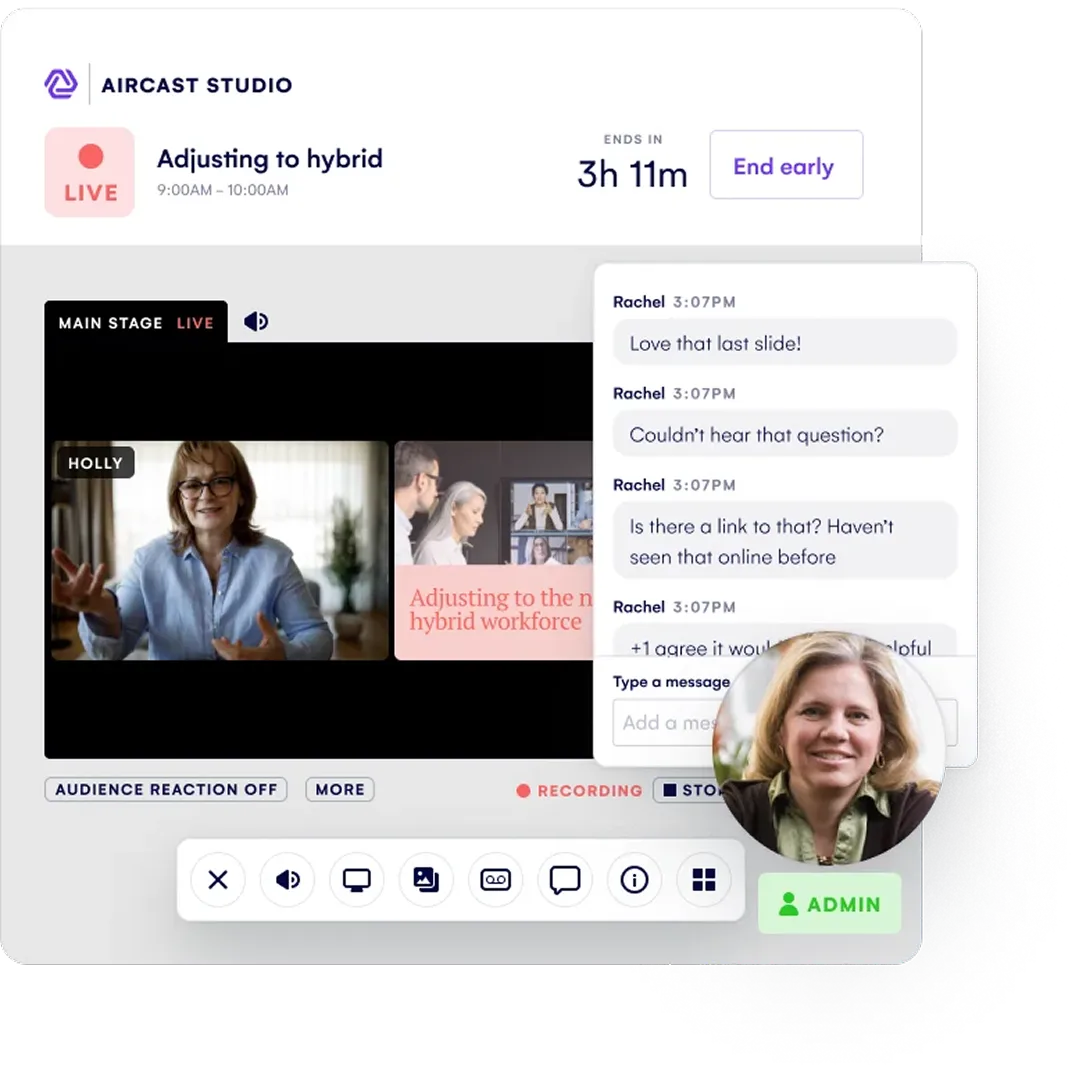 AIRCast Studio live streaming console with speaker video, audience chat and host controls