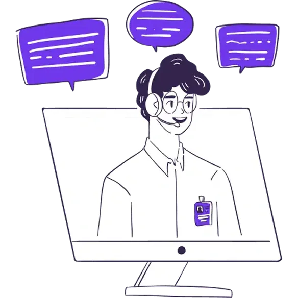 Illustration of a presenter with a headset delivering an online learning session on screen