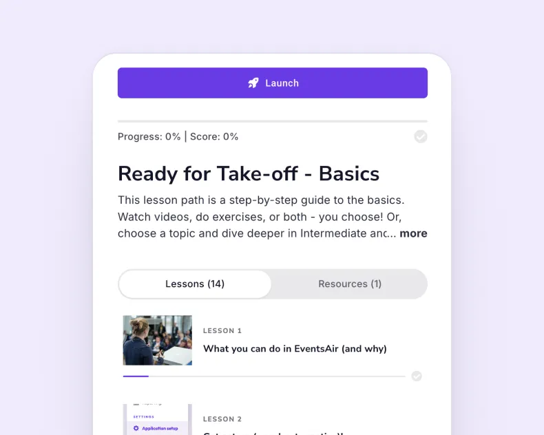 EventsAir lesson path Ready for Take-off Basics showing progress and lessons