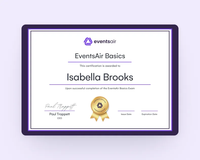 EventsAir Basics certificate awarded to Isabella Brooks, signed by CEO Paul Trappett