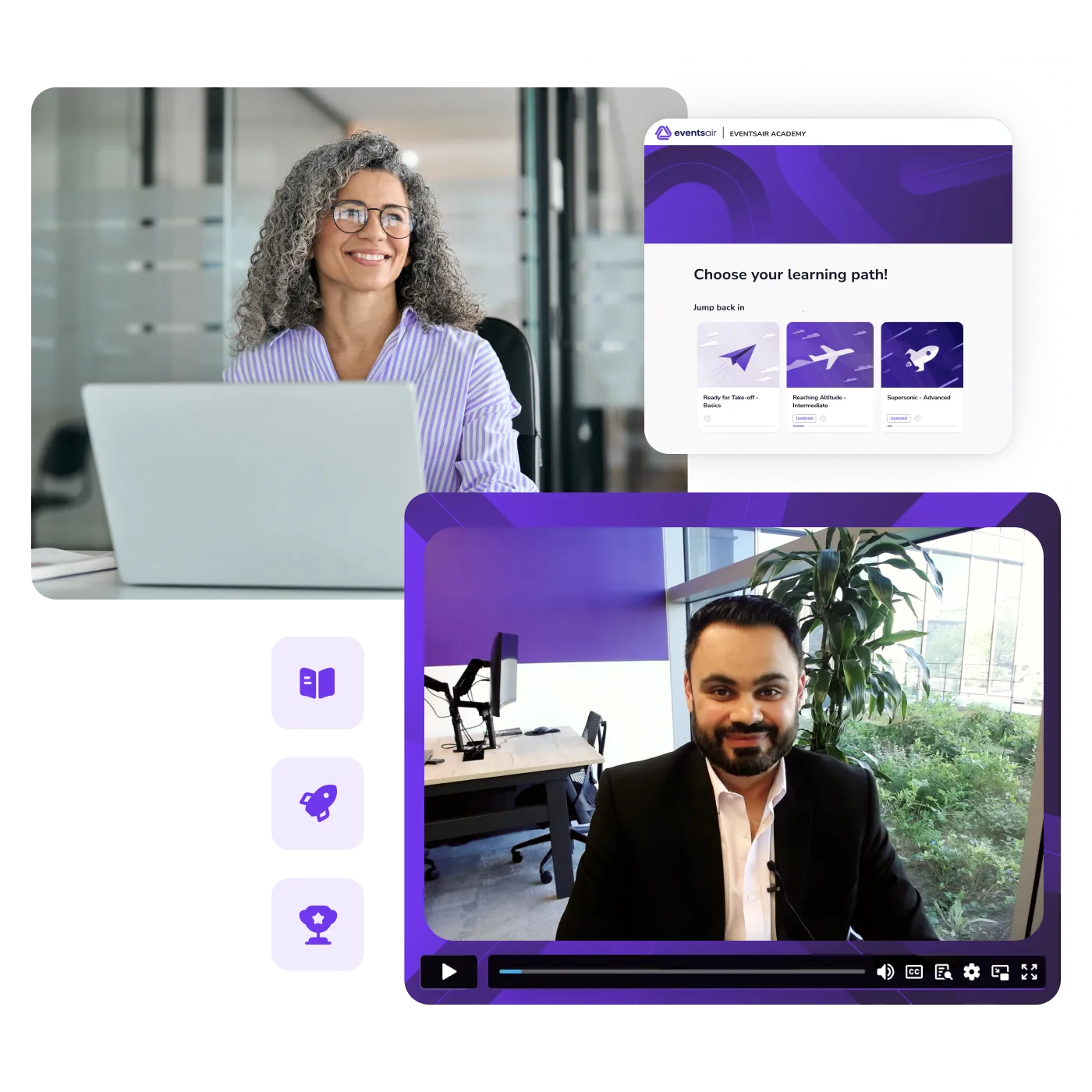 EventsAir Academy learning paths alongside people watching an online training video