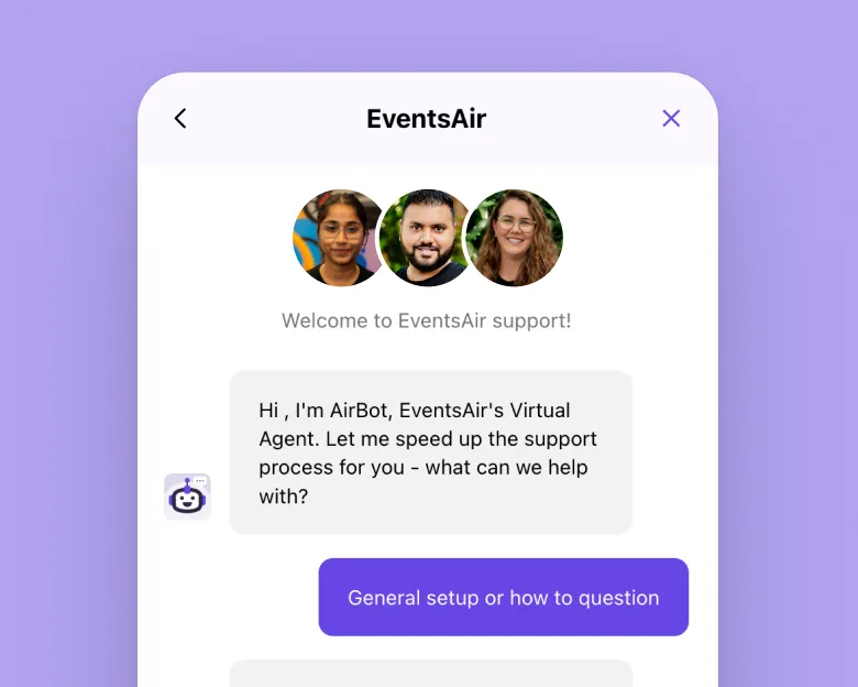 EventsAir support chat with AirBot virtual agent offering setup help