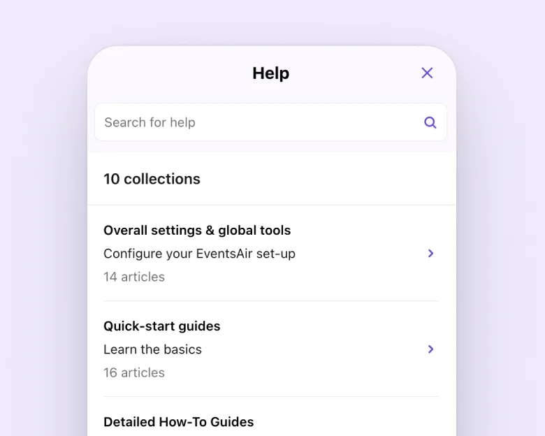 EventsAir help centre panel listing article collections including quick-start and how-to guides