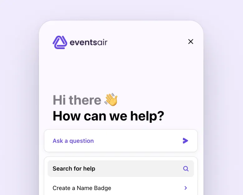 EventsAir in-app help panel with a question box and help search