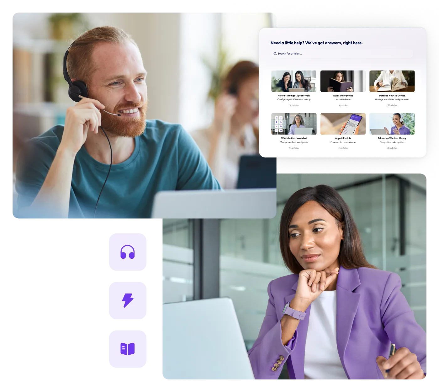 Support agent on a headset alongside an EventsAir help centre knowledge base