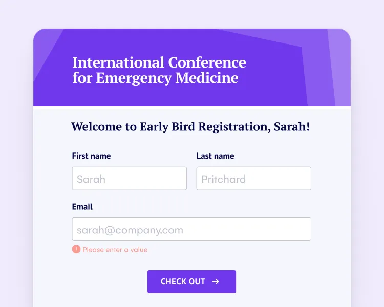 Early bird conference registration form with name and email fields and a checkout button