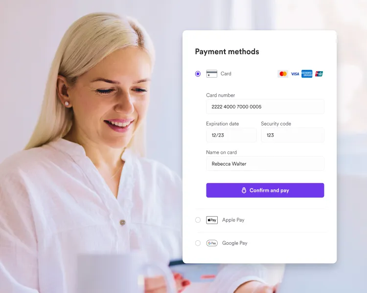 Attendee paying event fees by card, with Apple Pay and Google Pay options