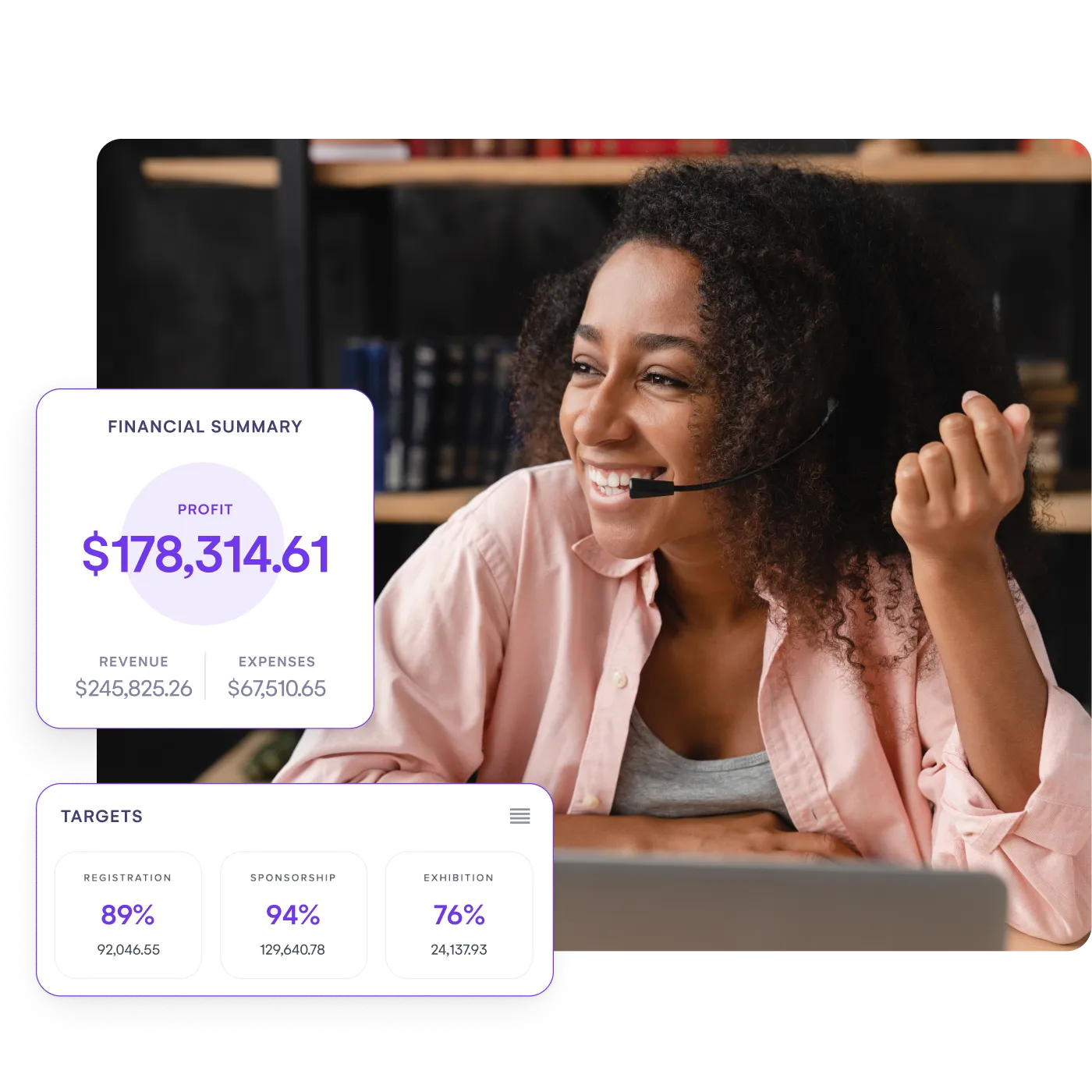 Smiling event manager wearing a headset, with financial summary and registration target dashboards overlaid