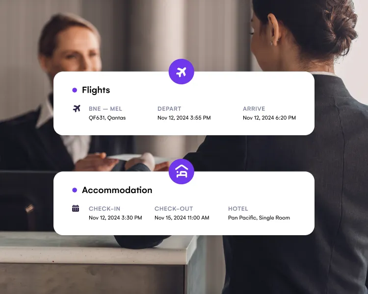 Hotel check-in with flight and accommodation booking details for a delegate