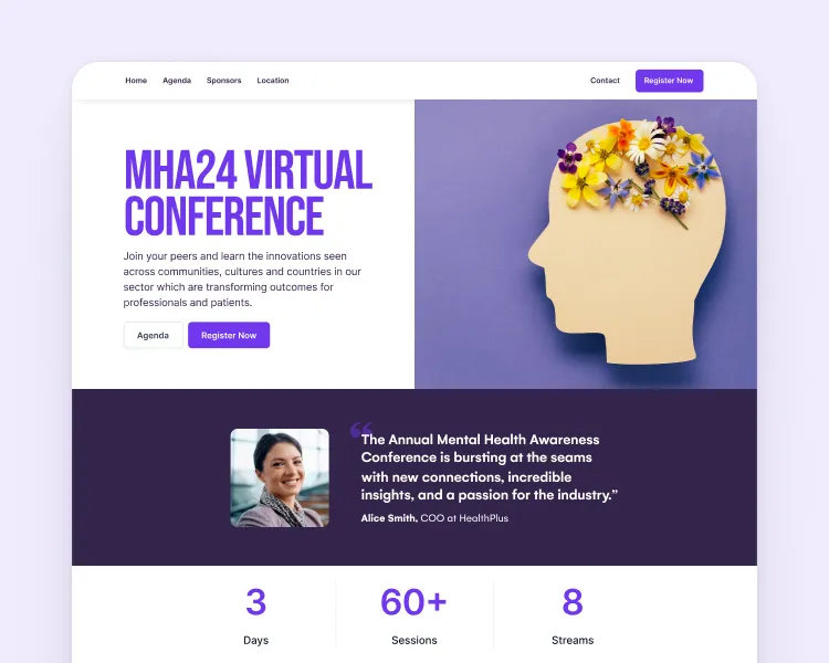 MHA24 Virtual Conference event website with agenda, session and stream counts