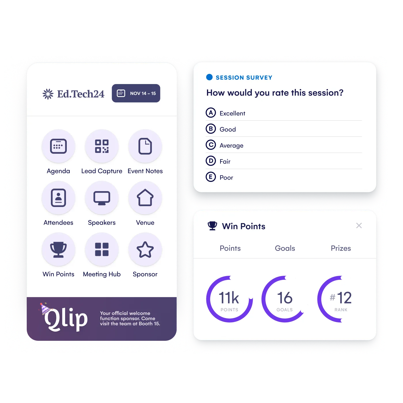 Event app agenda, session survey and gamification points panels for Ed.Tech24