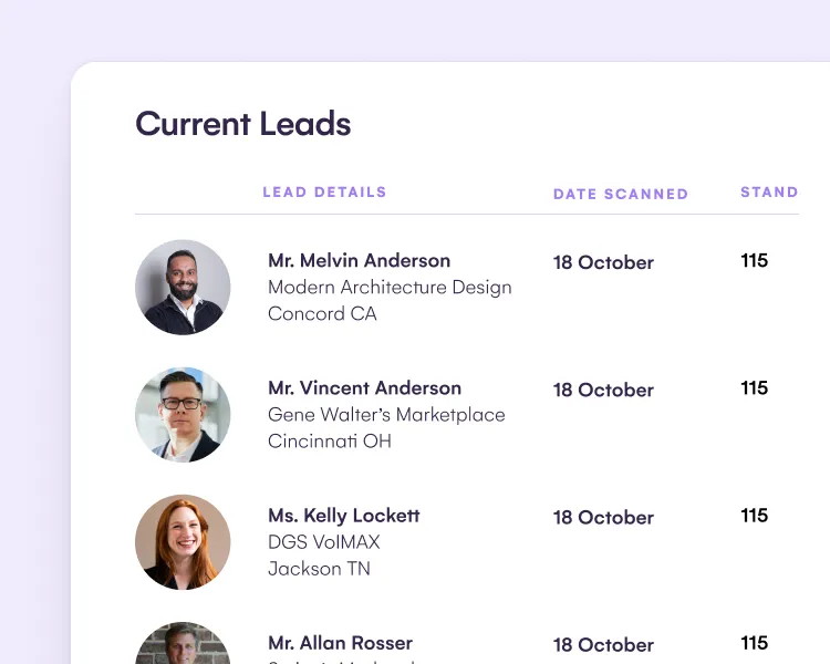 Current leads list showing scanned contacts with date scanned and stand number