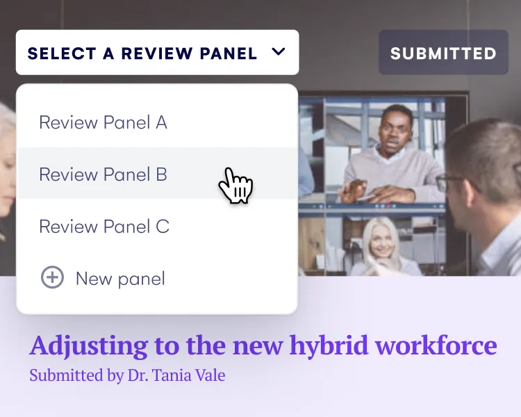 Submitted abstract with a select a review panel dropdown open