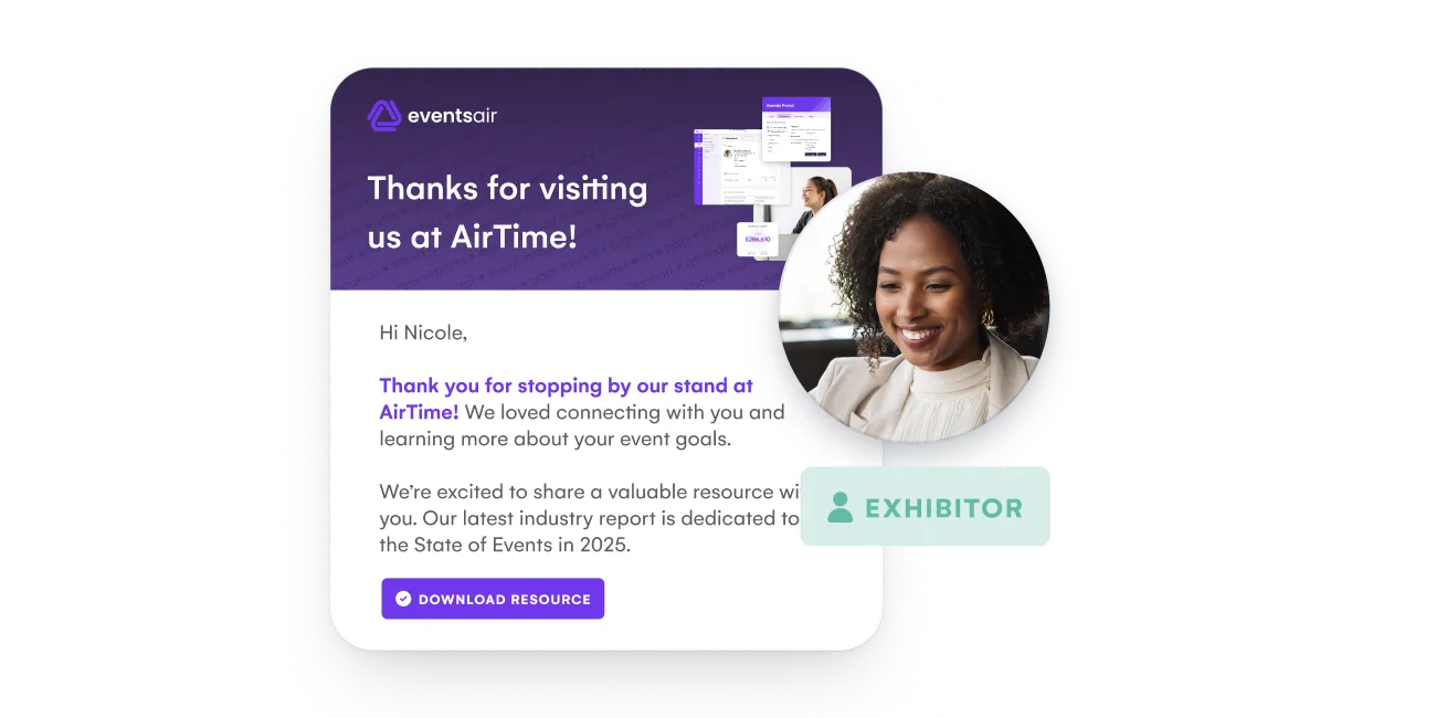 Follow-up email thanking an attendee for visiting an exhibitor stand, with a resource download button