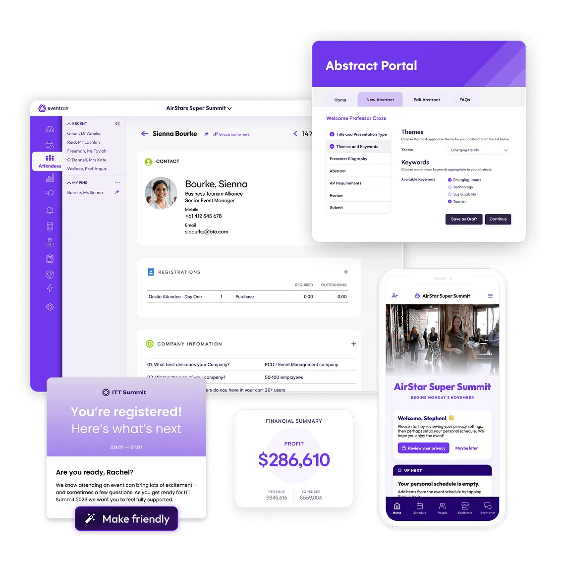 EventsAir screens on desktop, tablet and mobile including attendee record, abstract portal and event app