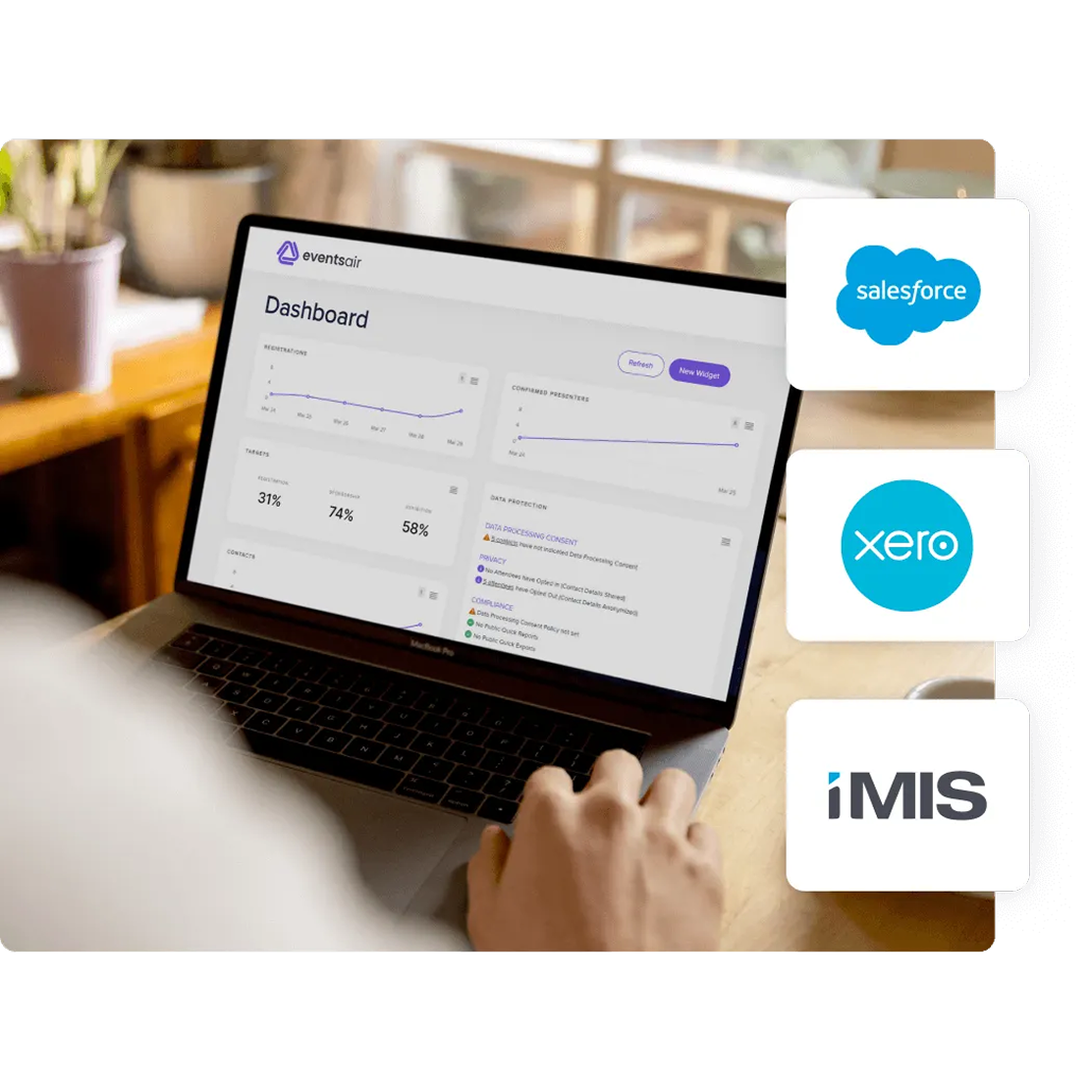 Laptop showing the EventsAir dashboard with Salesforce, Xero and iMIS integration logos alongside