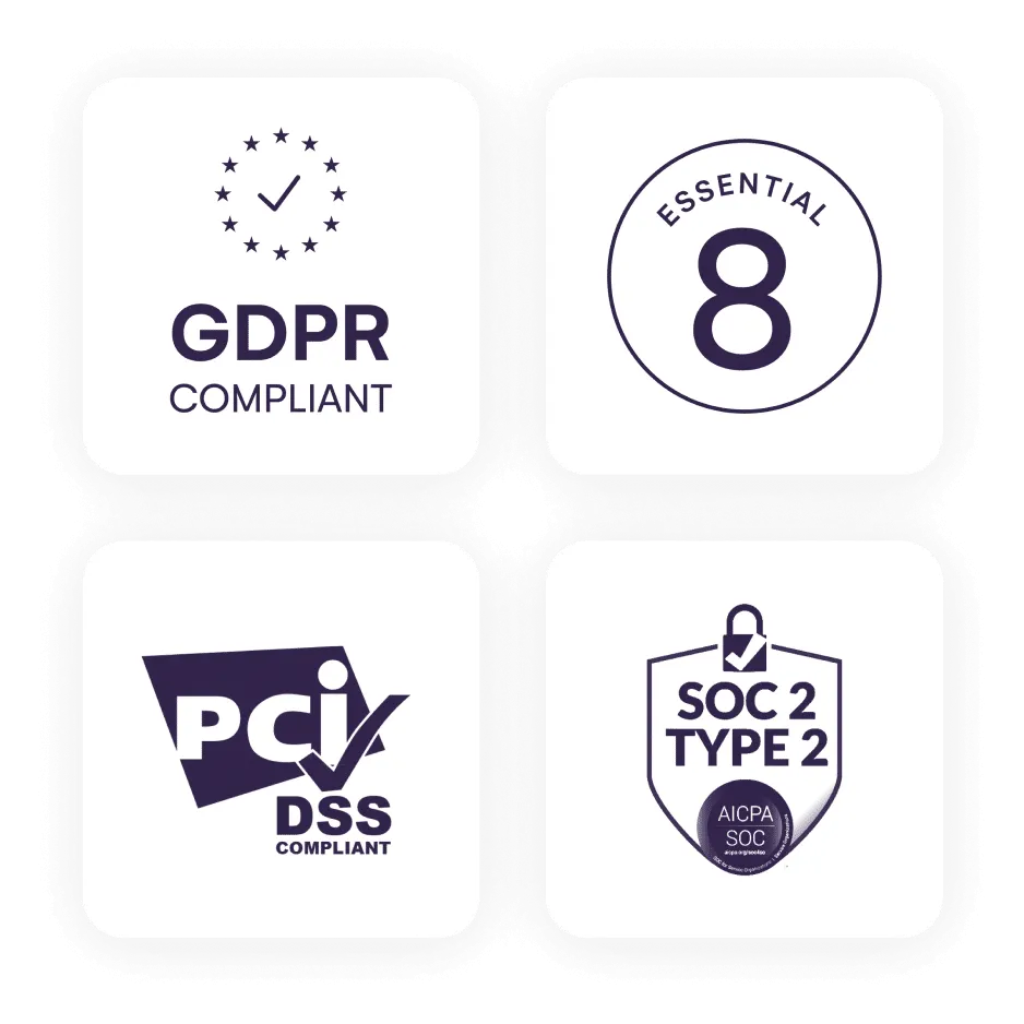 Compliance badges: GDPR compliant, Essential 8, PCI DSS compliant and SOC 2 Type 2