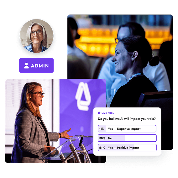 Speaker at an EventsAir branded lectern with audience photos and a live poll on AI's impact