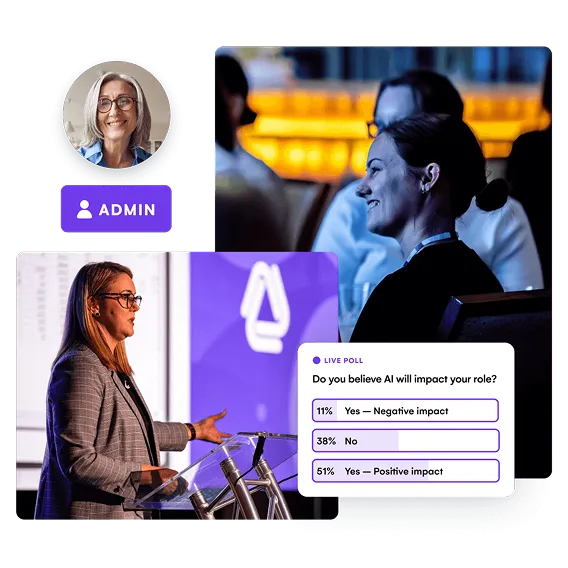 Speaker at an EventsAir branded lectern with audience photos and a live poll on AI's impact