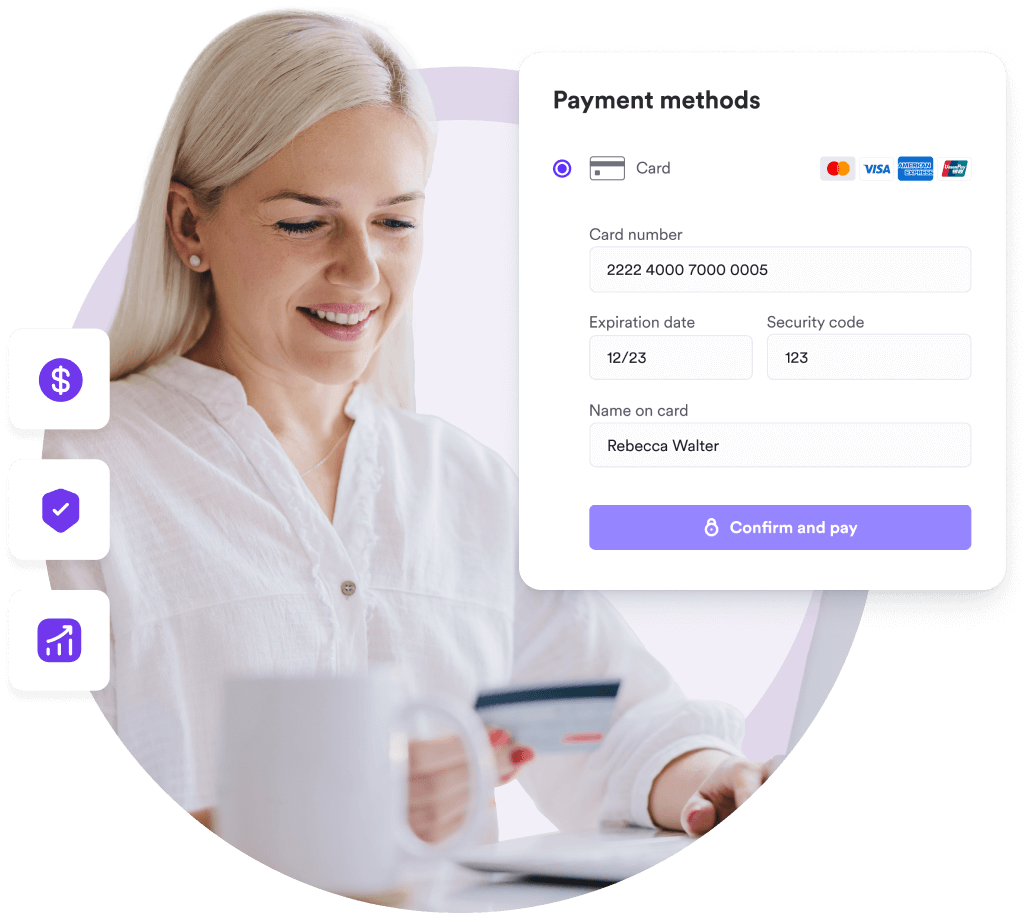 Woman paying by card beside an online event payment form with card details and pay button