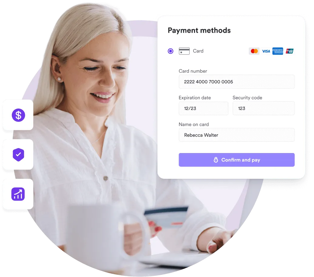 Woman paying by card beside an online event payment form with card details and pay button