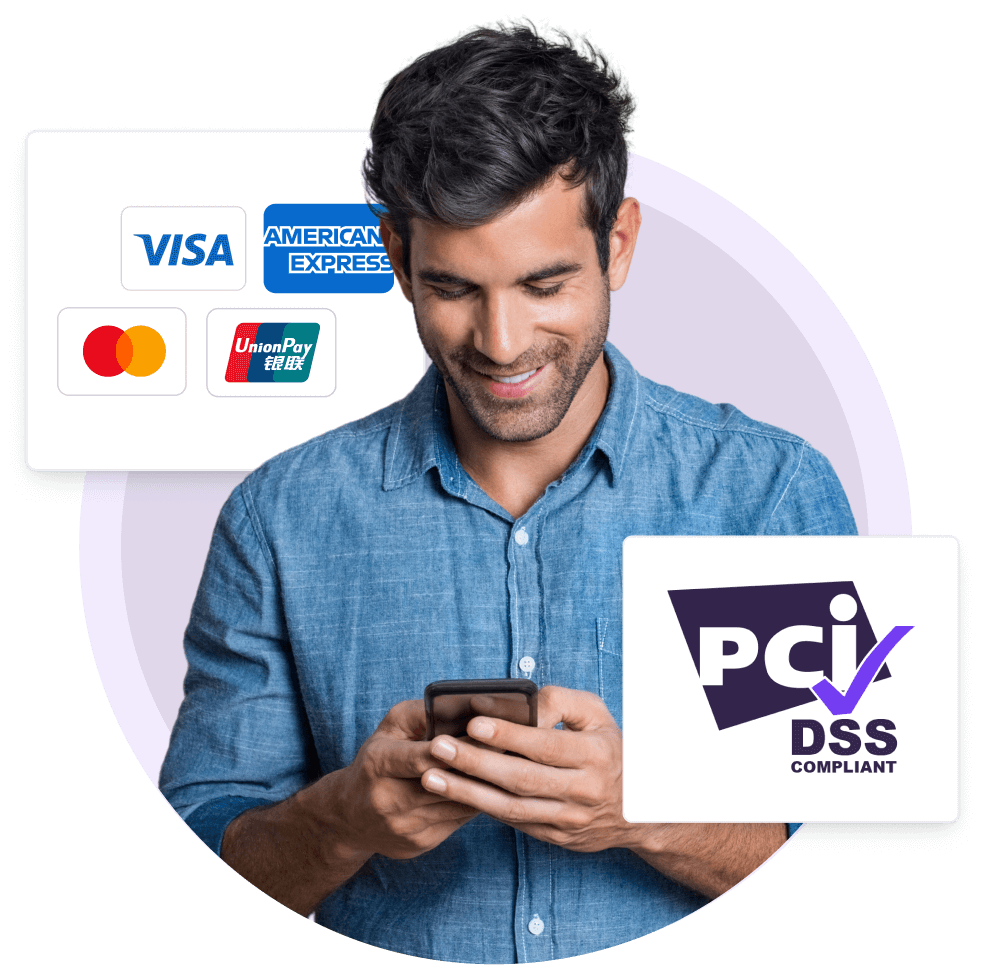 Attendee paying by phone with Visa, Amex, Mastercard and UnionPay and PCI DSS compliance