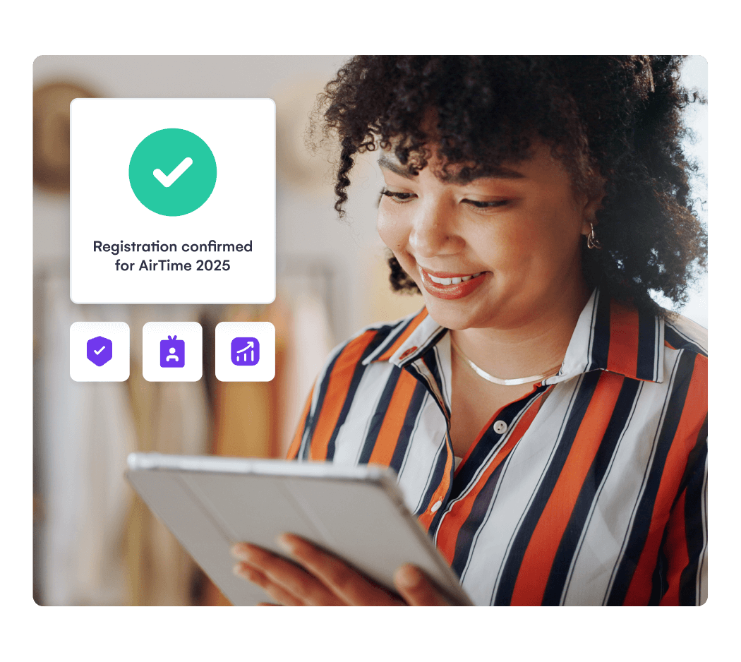 Woman on a tablet seeing a registration confirmed message for AirTime 2025