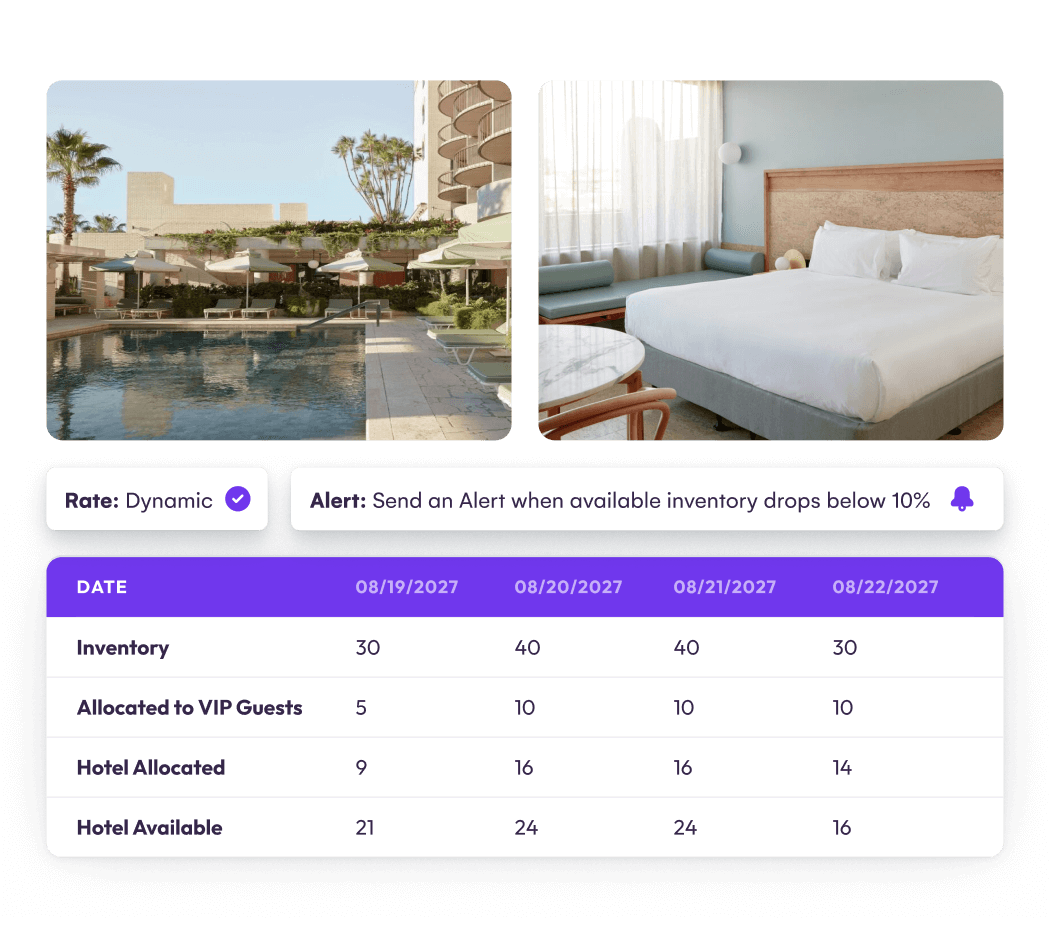 EventsAir hotel room block inventory table with dynamic rates and low inventory alerts