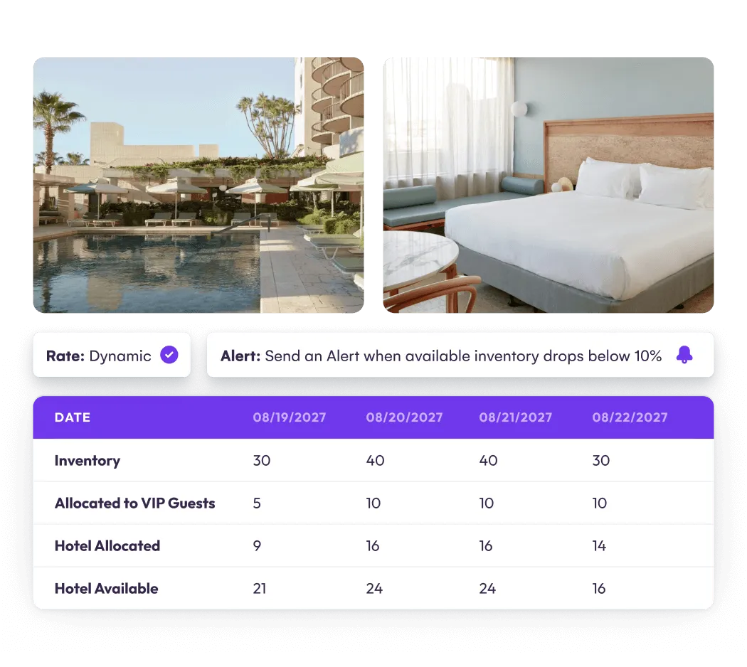 EventsAir hotel room block inventory table with dynamic rates and low inventory alerts
