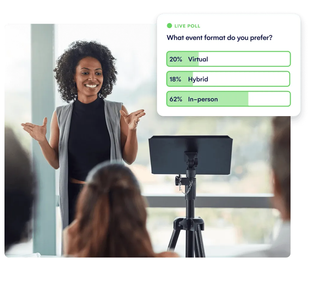 Speaker presenting to an audience beside a live poll on preferred event format