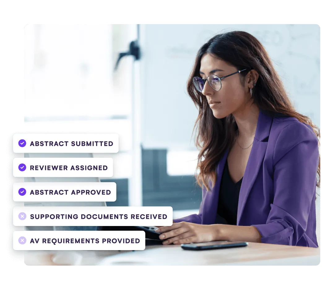 Presenter at a laptop beside an abstract progress checklist from submission to AV requirements