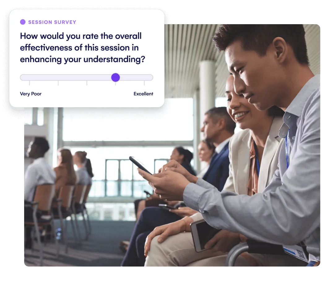 Attendees in a session with a session survey rating the effectiveness of the presentation
