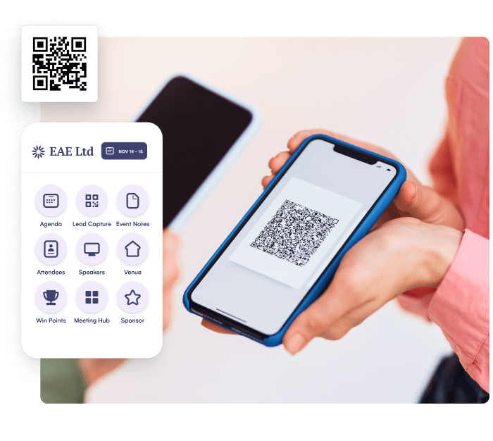 Attendee scanning a QR code on a phone beside an event app menu for lead capture