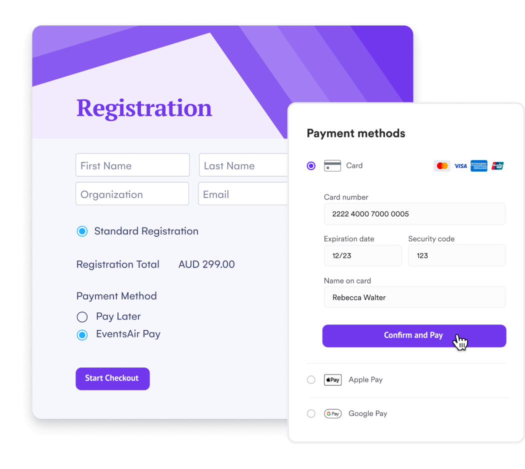 Event registration form beside a payment methods panel with card, Apple Pay and Google Pay