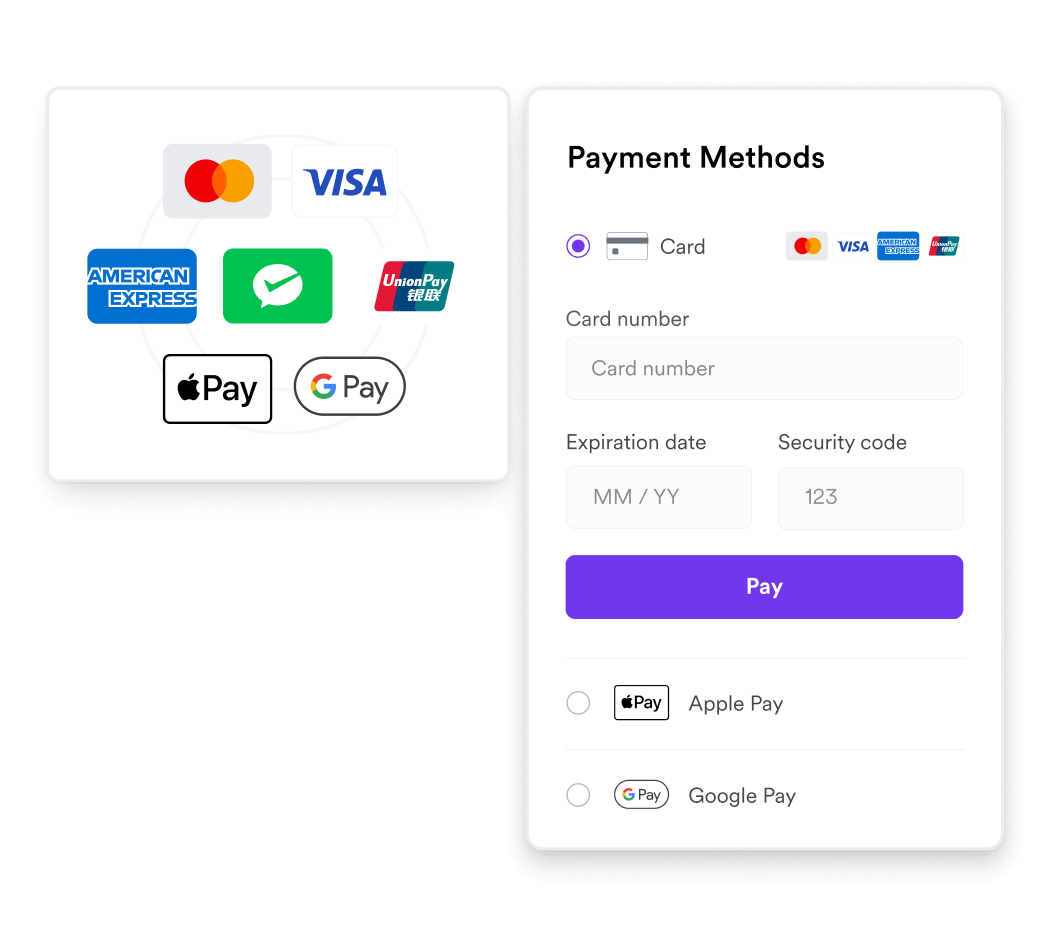 Payment methods checkout screen offering card, Apple Pay and Google Pay options