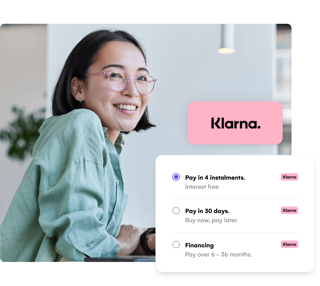 Smiling woman beside Klarna buy now pay later options for event registration