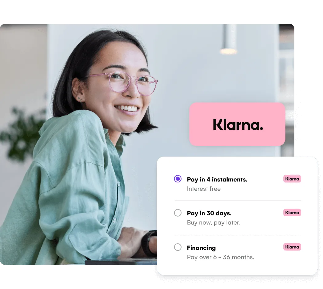 Smiling woman beside Klarna buy now pay later options for event registration