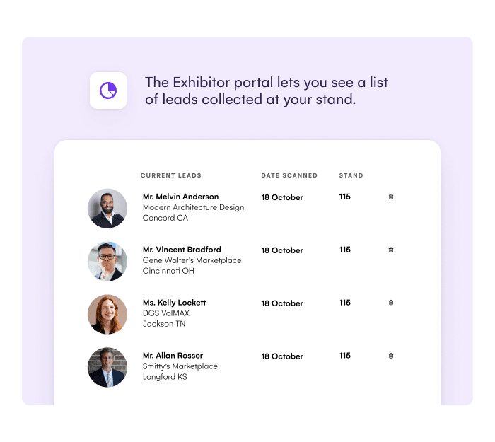 Exhibitor portal listing leads collected at a stand with scan dates