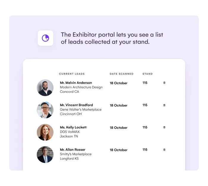 Exhibitor portal listing leads collected at a stand with scan dates