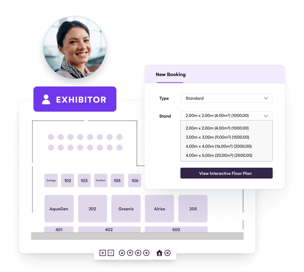 Exhibitor stand booking screen with stand size options and an interactive floor plan
