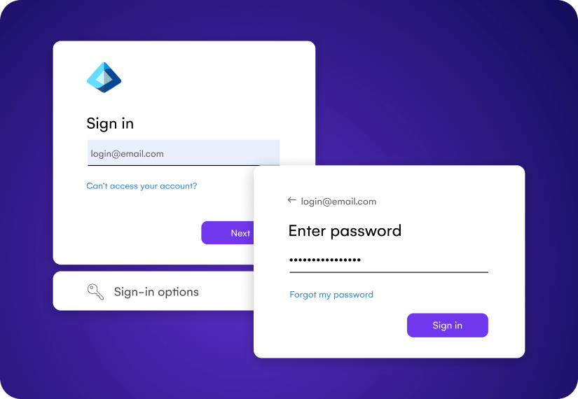 Single sign-on screens prompting an attendee for their email address and password