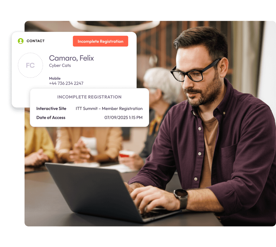 EventsAir contact record flagging an incomplete registration for follow-up