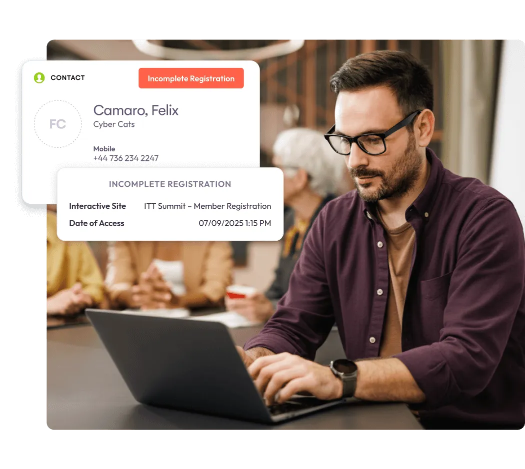 EventsAir contact record flagging an incomplete registration for follow-up