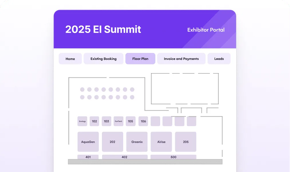 Exhibitor portal floor plan for the 2025 EI Summit showing booth allocations