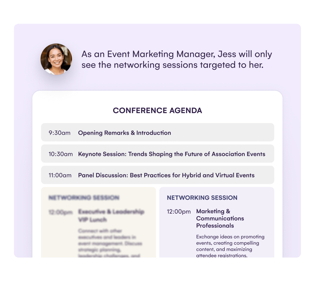 Conference agenda showing networking sessions targeted to an event marketing manager