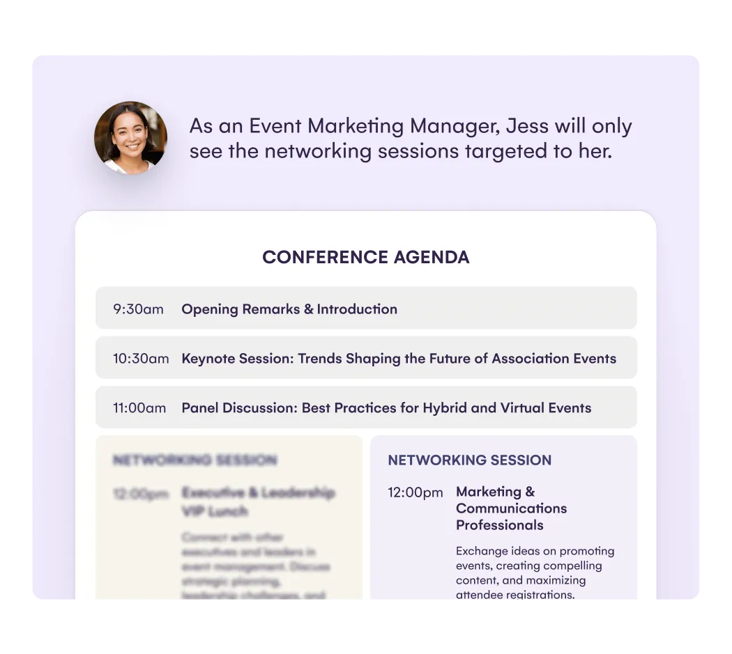 Conference agenda showing networking sessions targeted to an event marketing manager