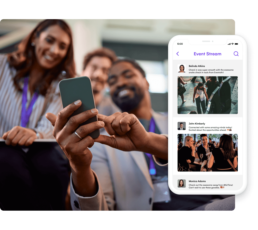 Attendees looking at a phone beside an event app Event Stream feed of attendee posts