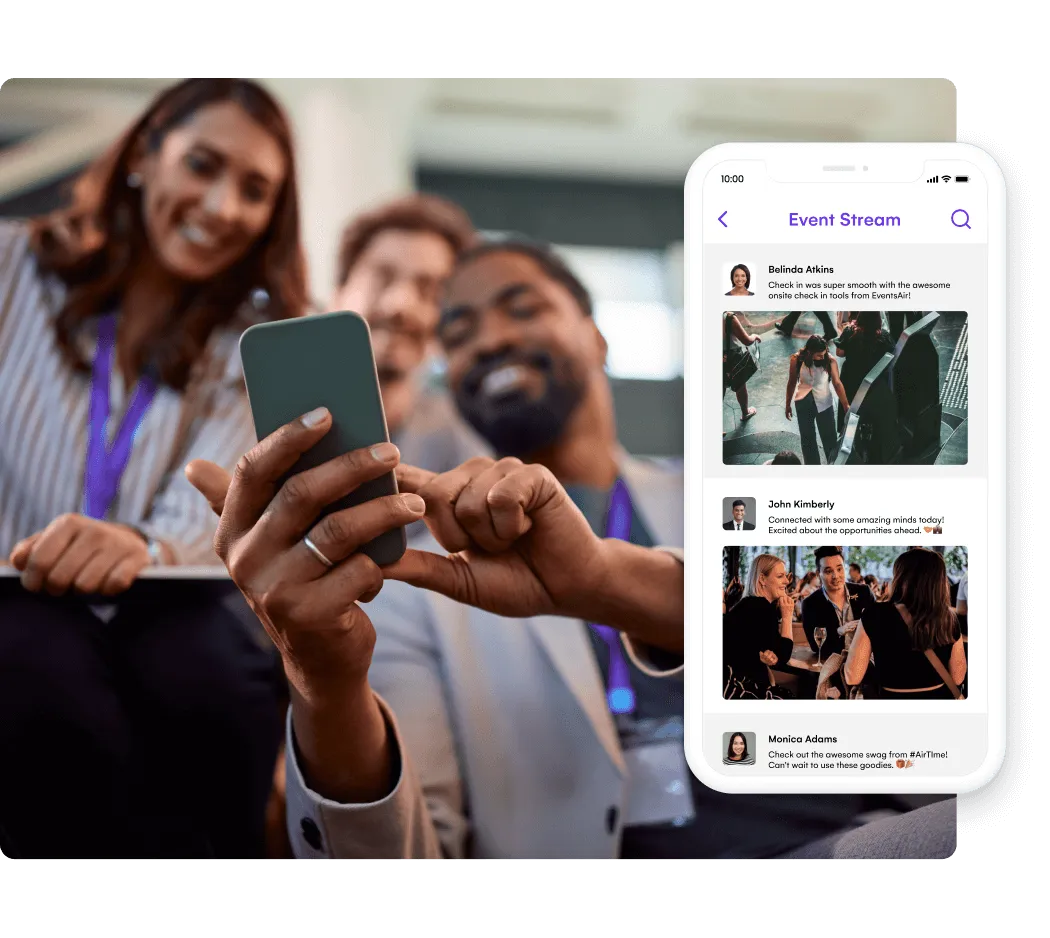 Attendees looking at a phone beside an event app Event Stream feed of attendee posts