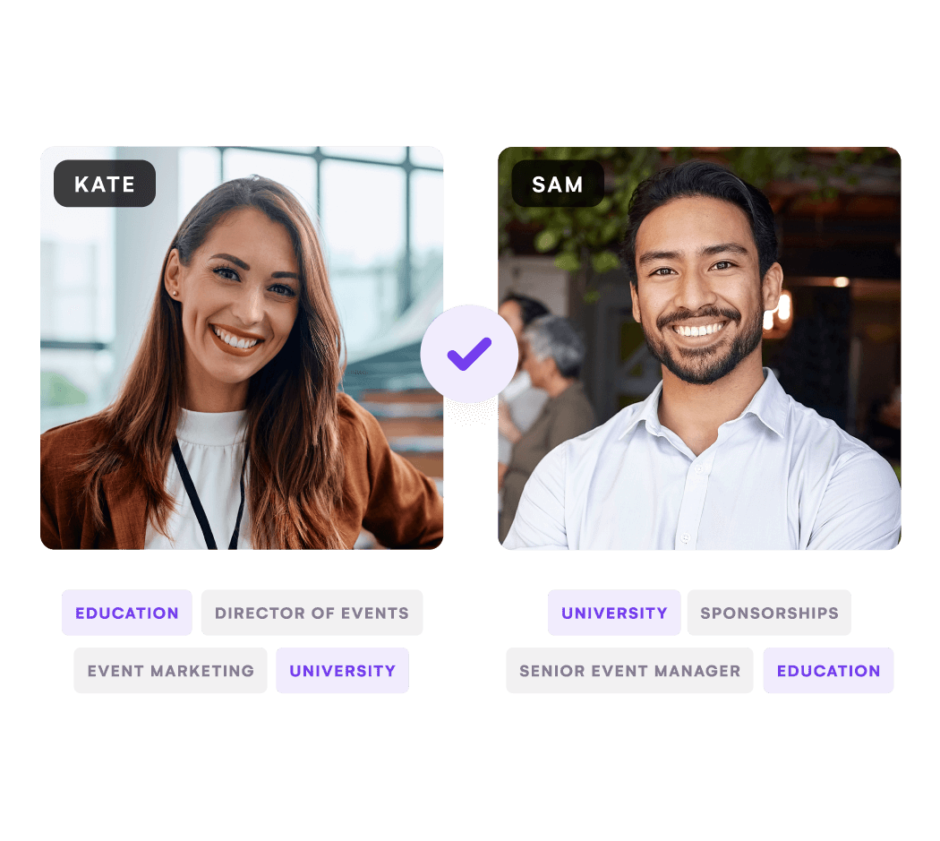 Two attendee profiles matched by shared interest tags such as education and university