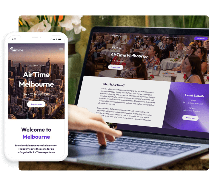 AirTime Melbourne event website shown on a laptop and mobile phone